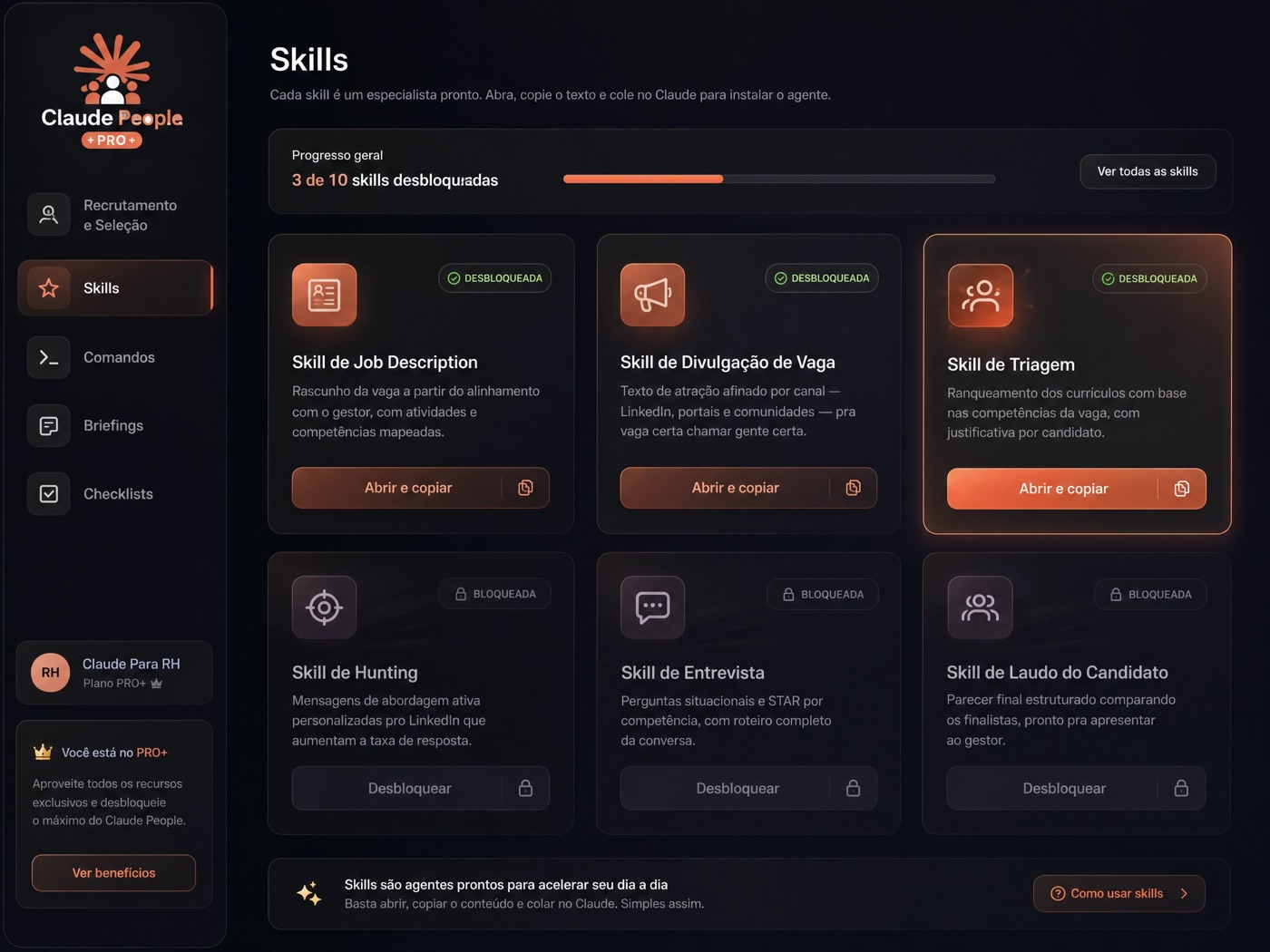 Catálogo de skills da plataforma Claude Para RH